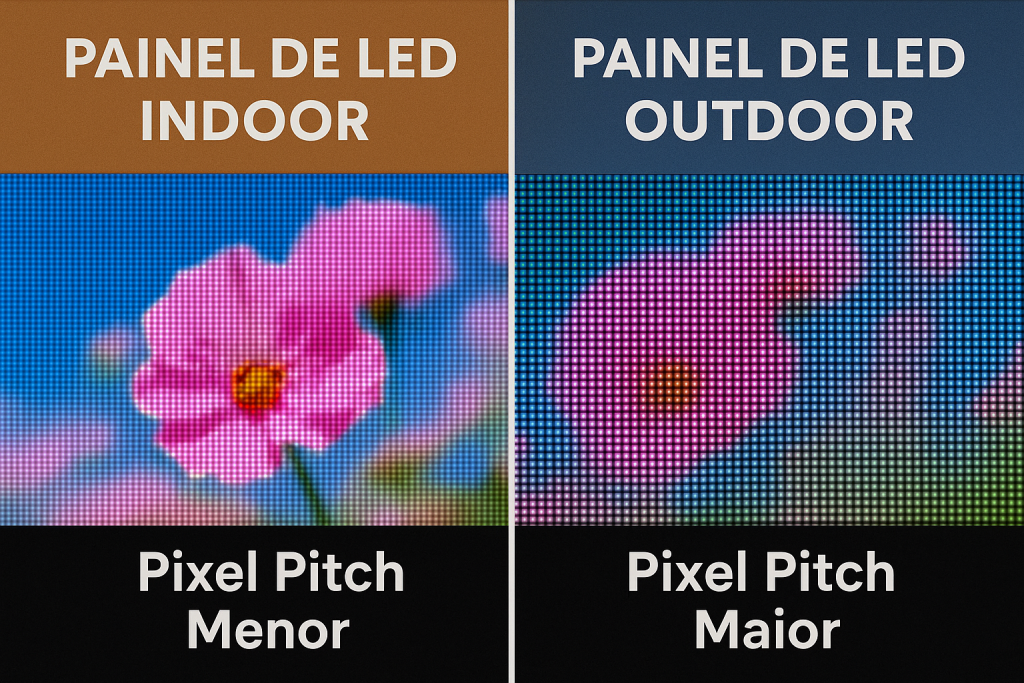 comparação de pixel pitch entre painel de LED indoor e outdoor em close realista