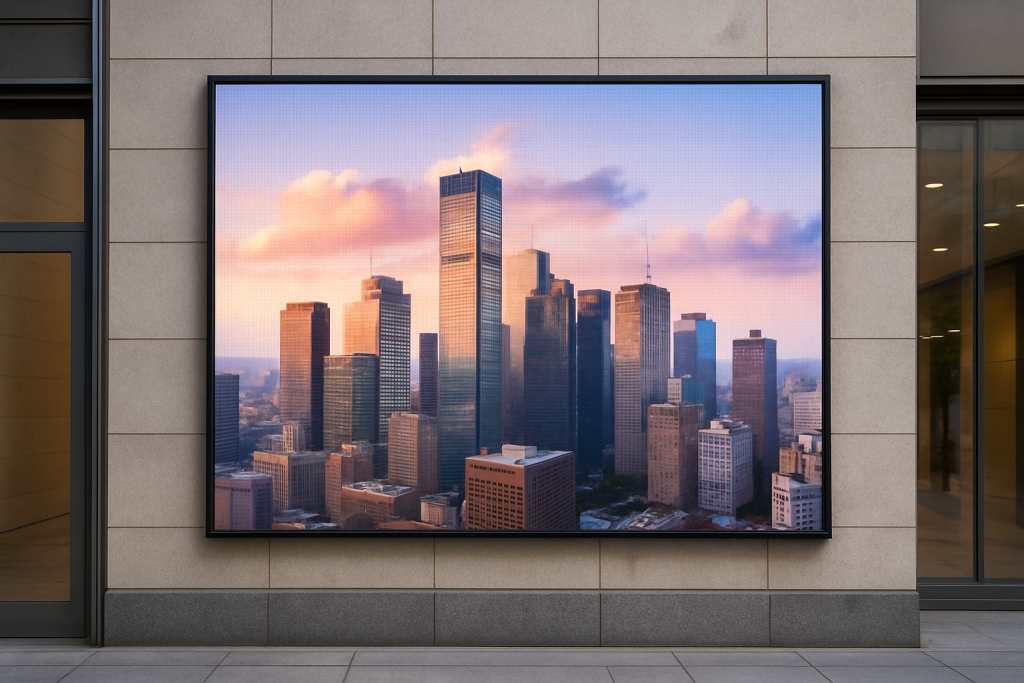 ainel de LED indoor exibindo ofertas em vitrine de loja moderna