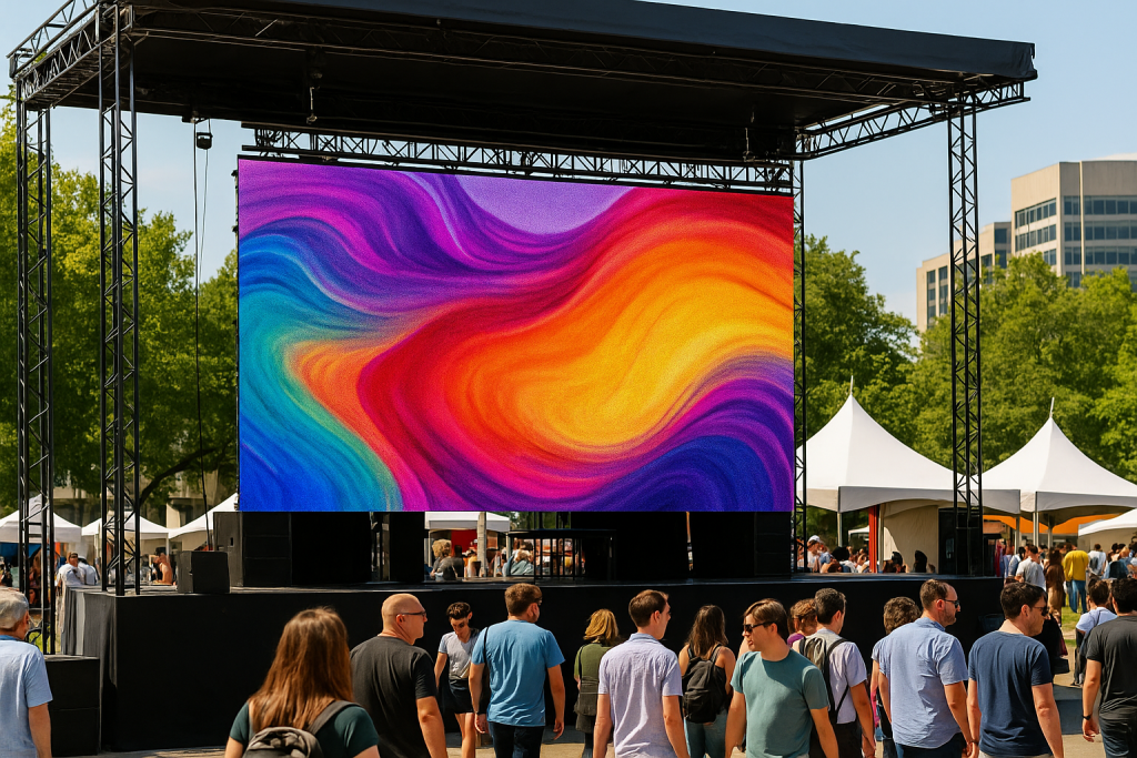 painel de LED instalado em evento promocional ao ar livre com público circulando