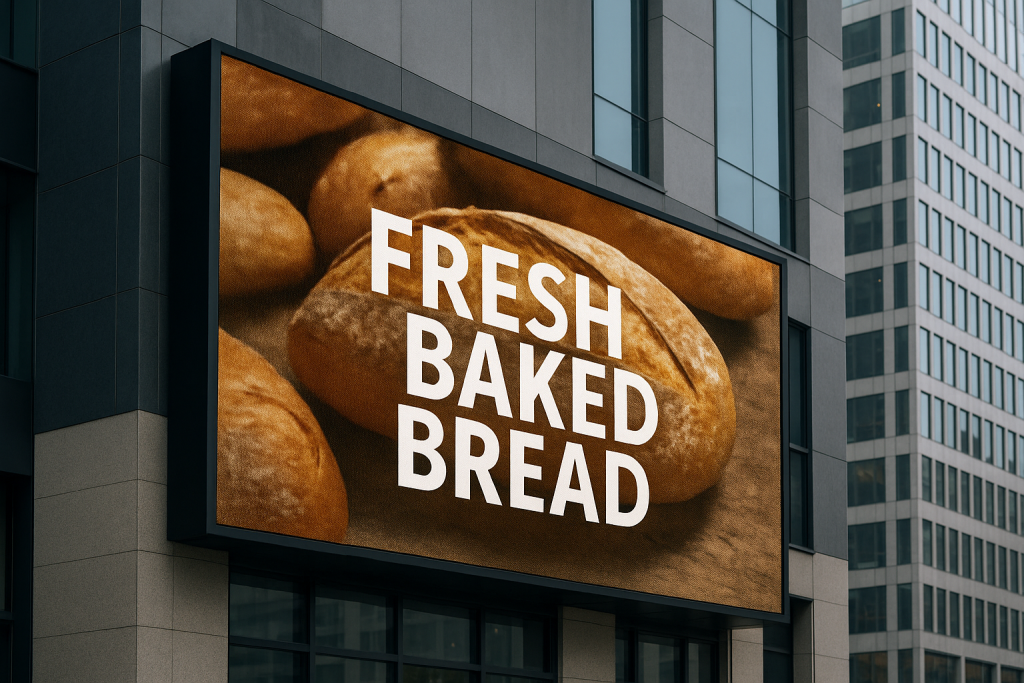 painel de LED com anúncio de padaria em São Paulo mostrando pães artesanais