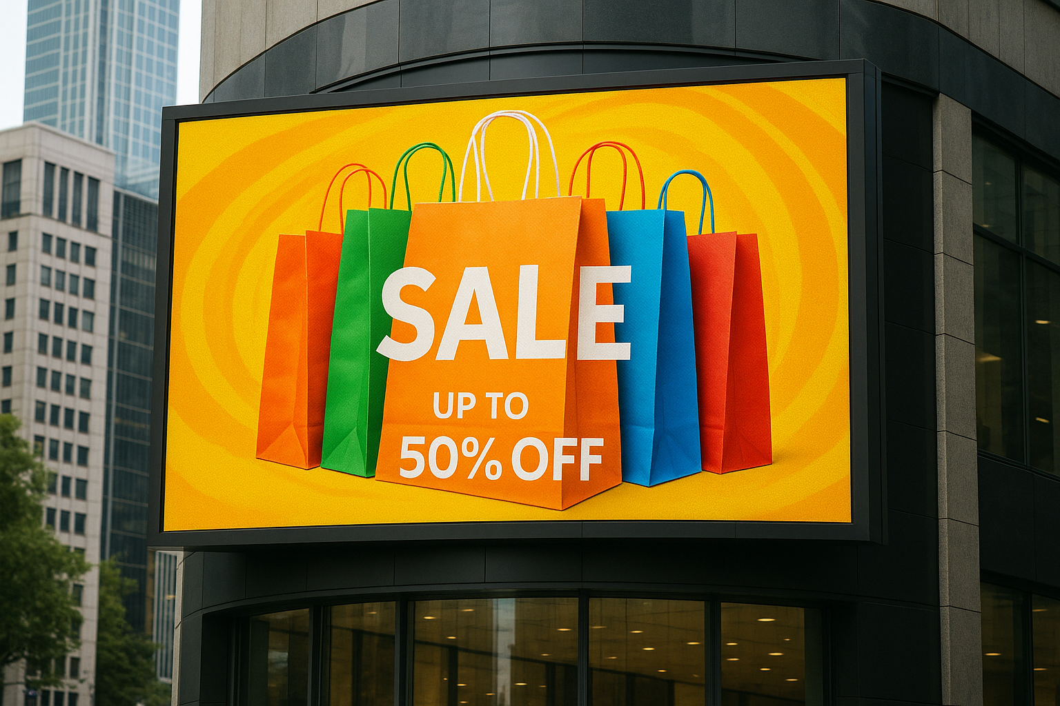 painel de LED em São Paulo exibindo promoção com sacolas coloridas