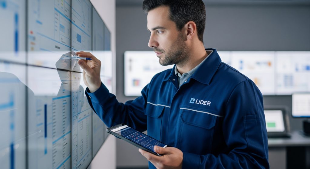 Técnico da Lider realizando manutenção preventiva em um painel de LED de alto impacto em ambiente corporativo.