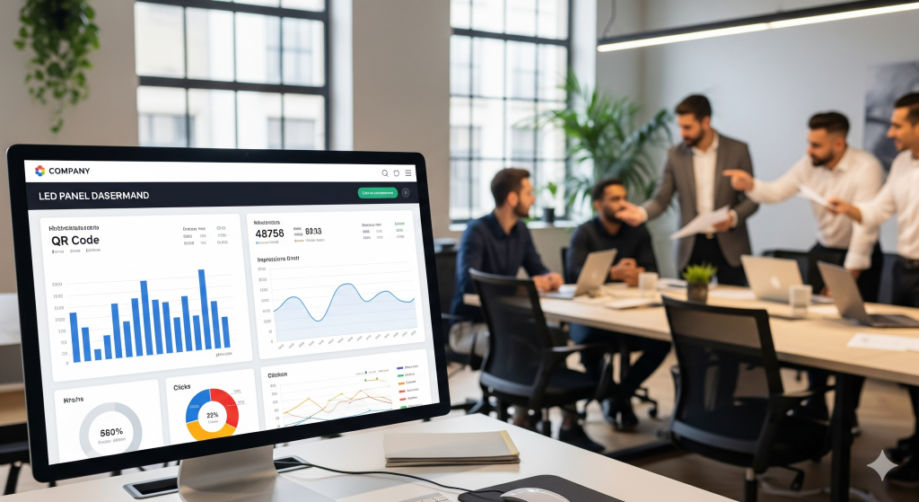 Analistas de marketing mensurando o ROI de campanha em painel de LED com dados de engajamento.