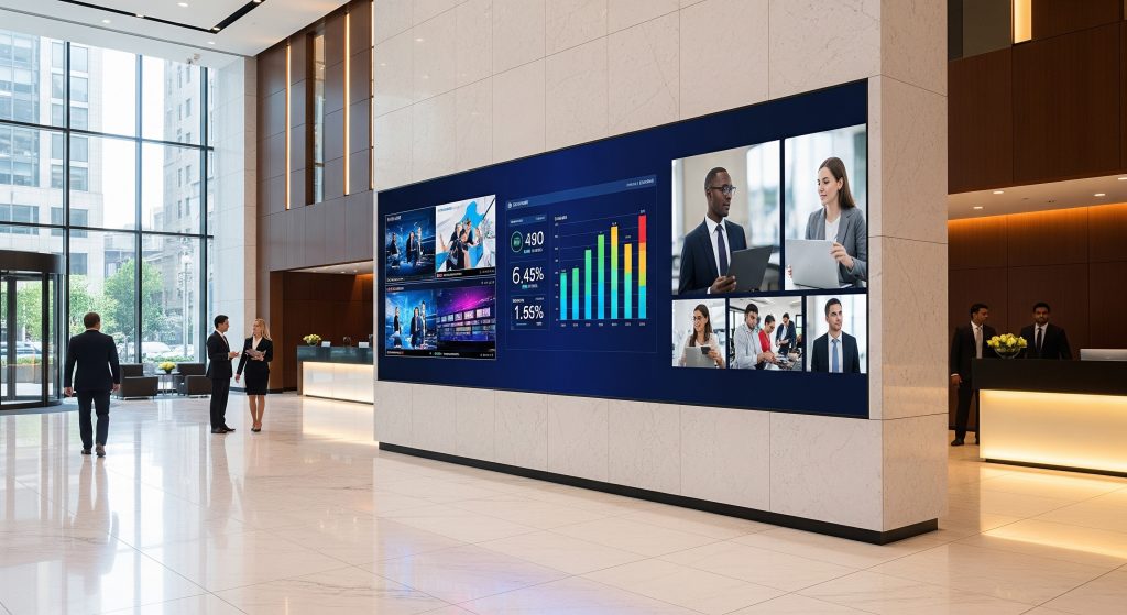 Painel de LED integrado no lobby de empresa na Berrini, usado para comunicação interna e branding.