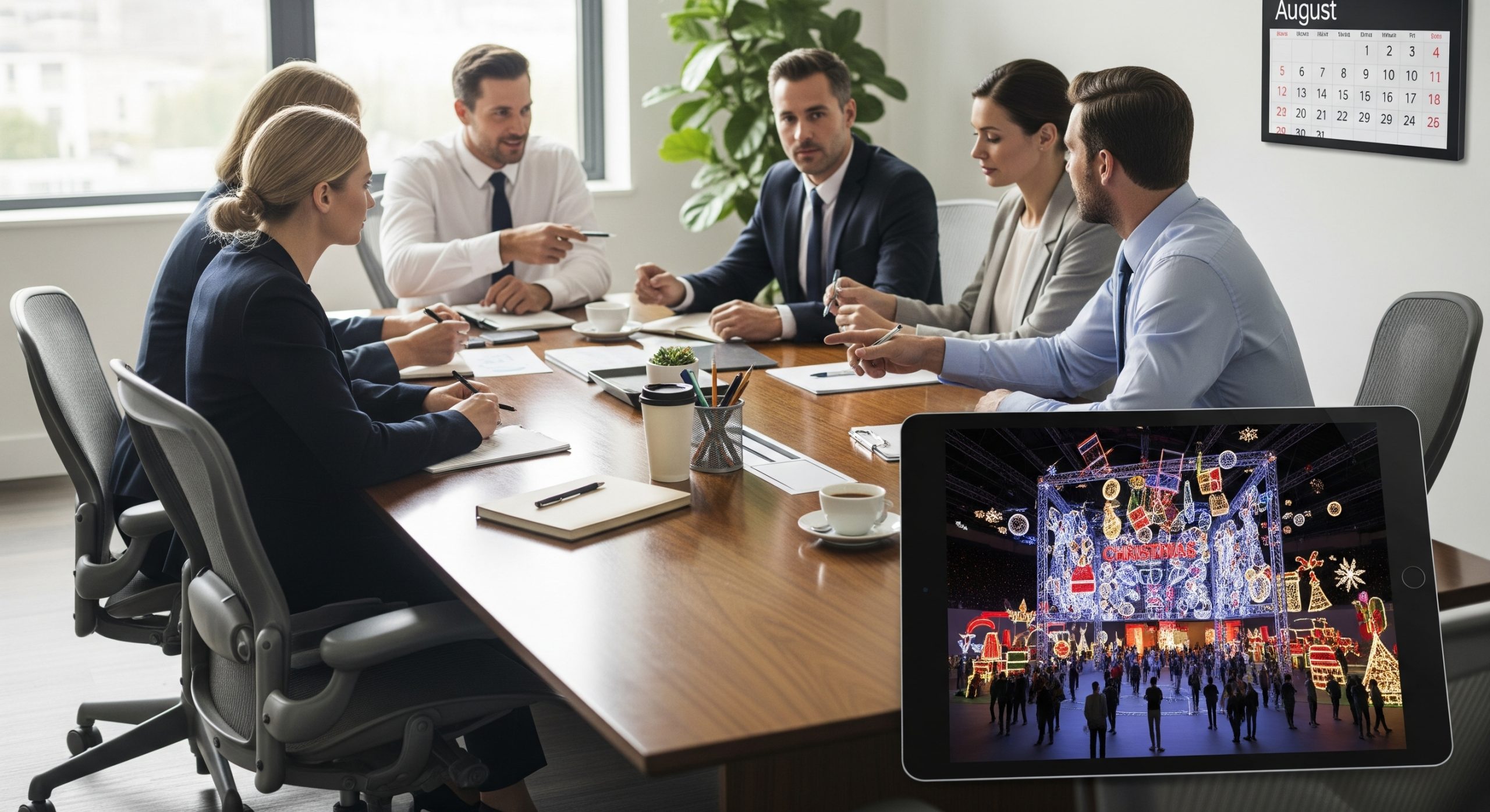 Reunião de planejamento de campanha de Natal com painel de LED em São Paulo no mês de agosto.