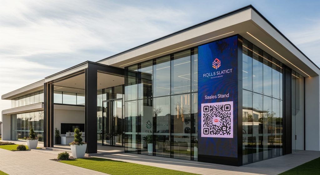 Painel de LED vertical na fachada de stand de vendas imobiliário em São Paulo, captando leads com QR Code.