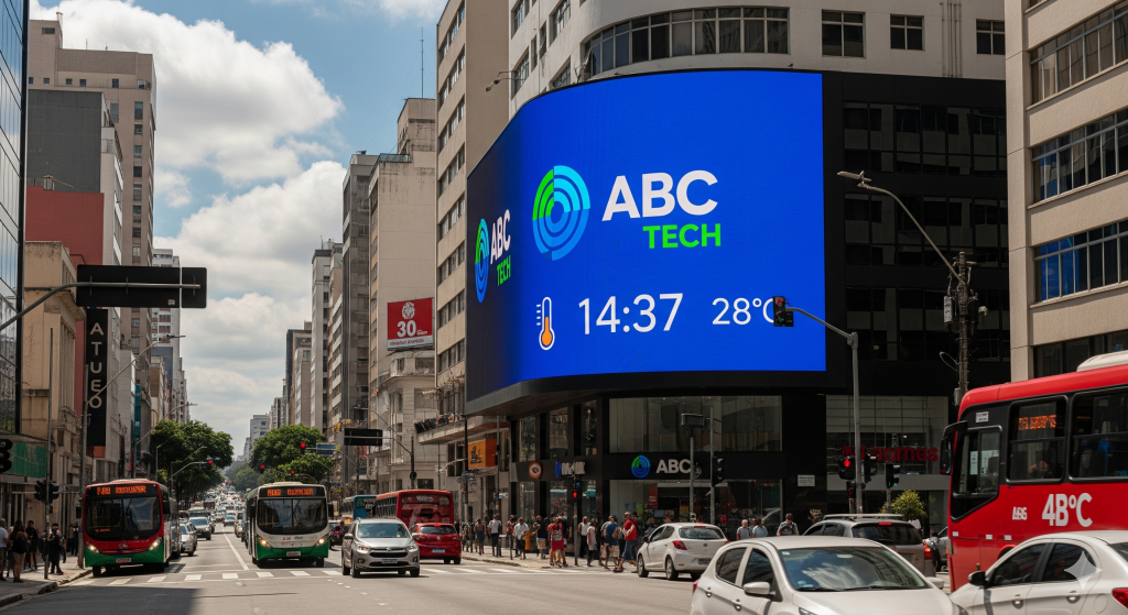 Painel de LED com conteúdo dinâmico e contextual, exibindo logo de marca, horário e temperatura para Mídia OOH.