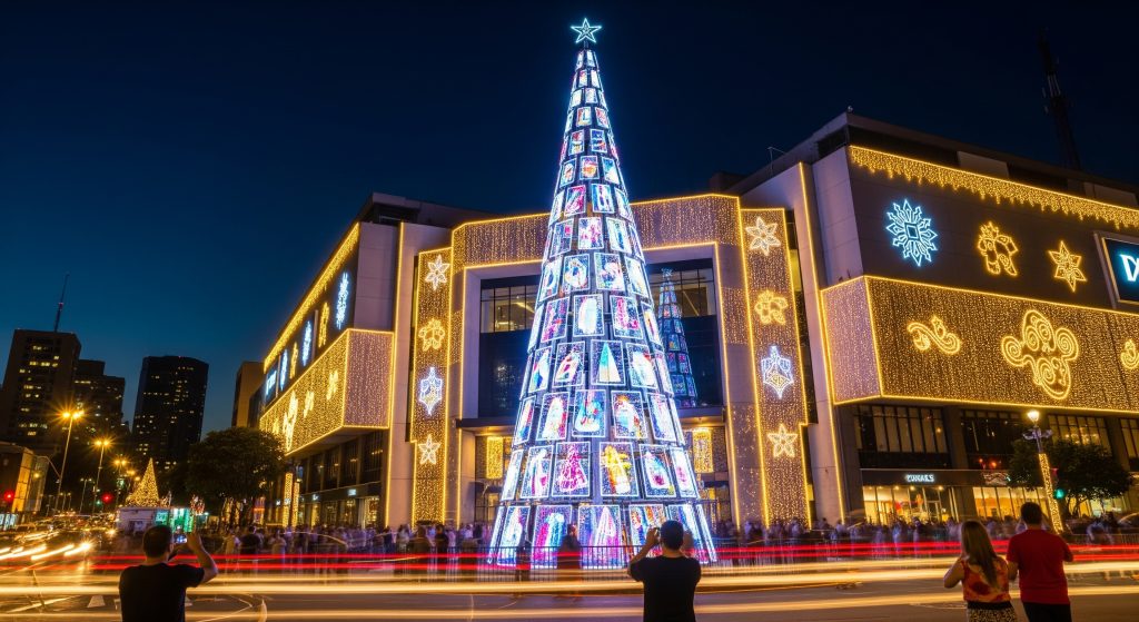 Árvore de Natal digital feita de painéis de LED em shopping de São Paulo.