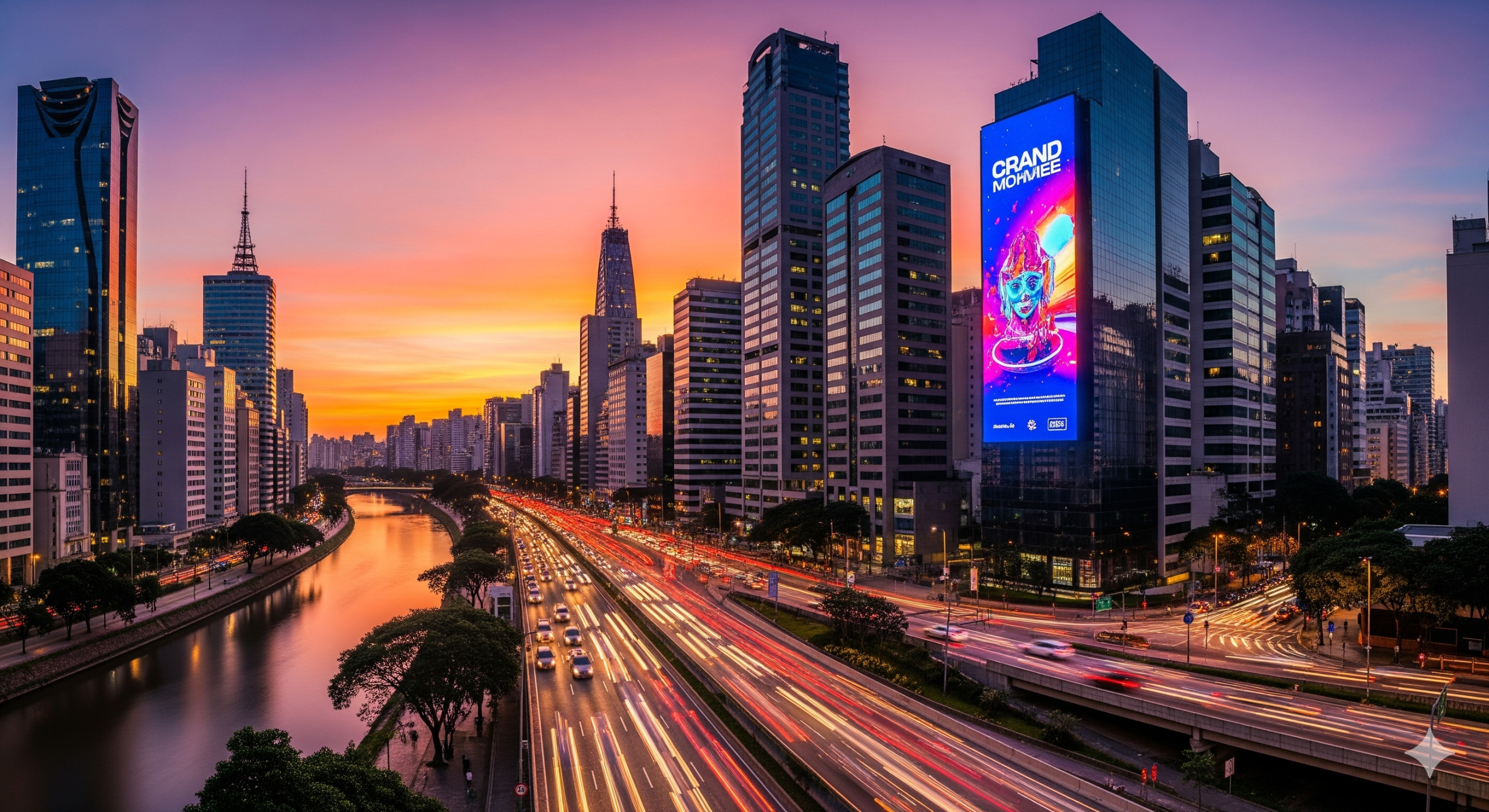 Painel de LED de alto impacto em rodovia urbana de São Paulo, Marginal Pinheiros, para campanha de mídia OOH.