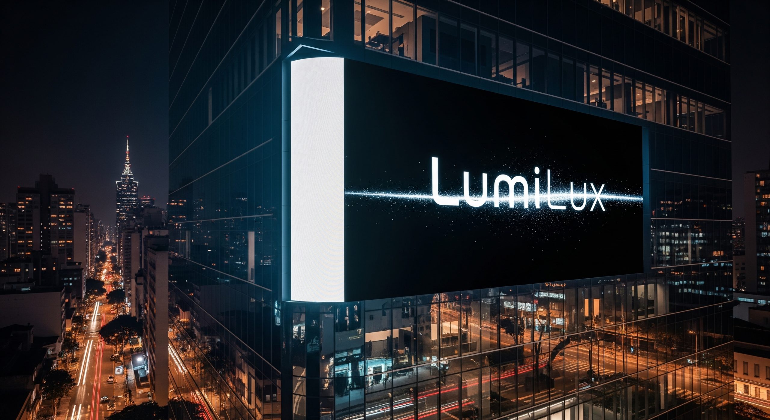Painel de LED em fachada de prédio corporativo na Faria Lima, São Paulo, exibindo branding e comunicação visual.