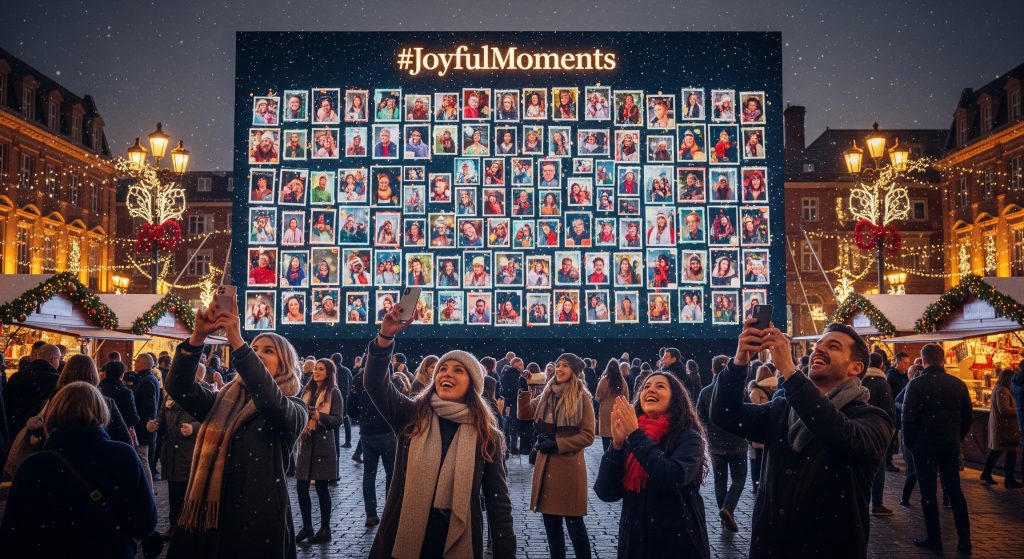 Painel de LED exibindo fotos de clientes de redes sociais em campanha de Natal interativa.