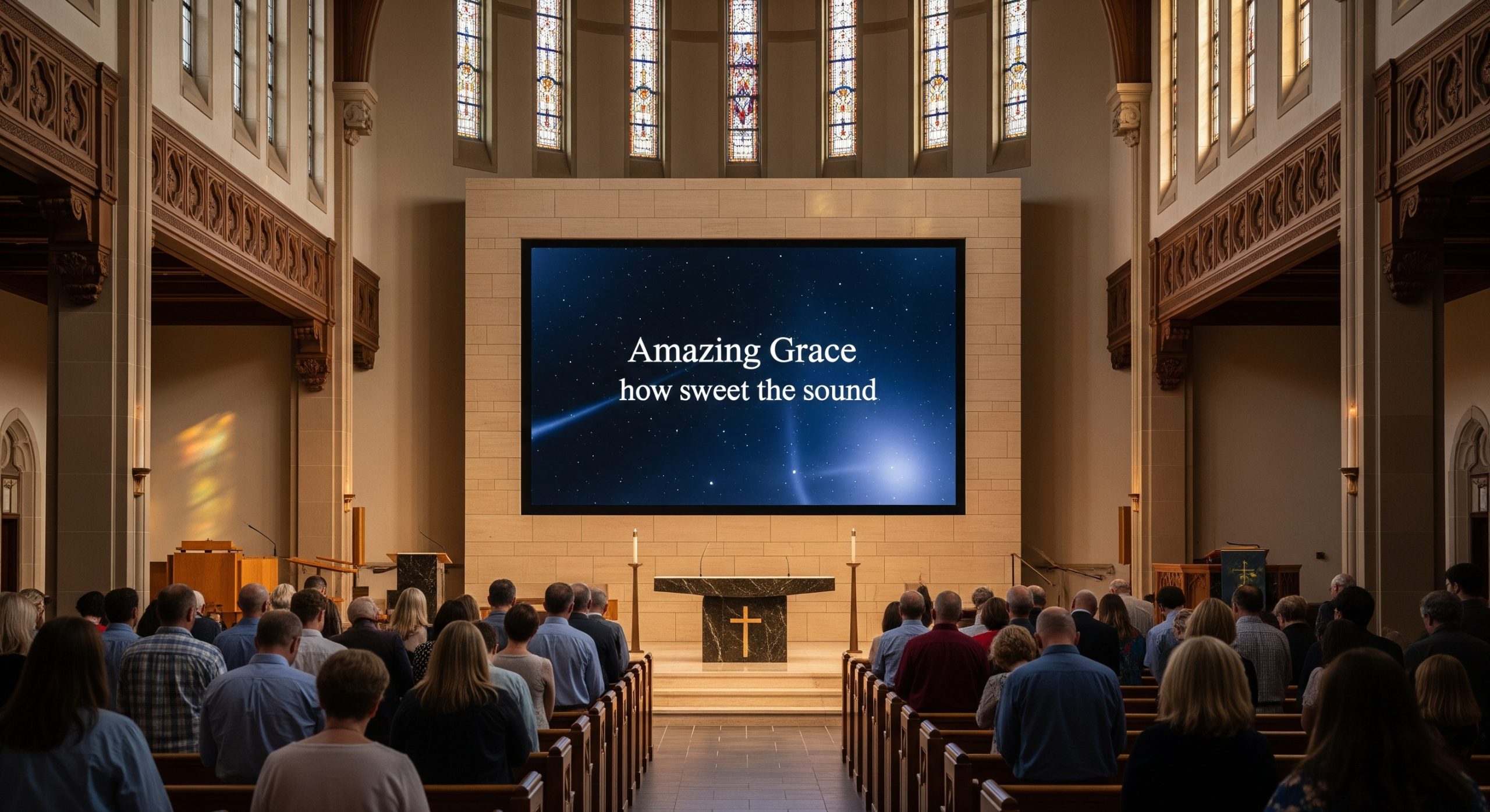 Painel de LED em templo religioso exibindo letras de louvores e passagens bíblicas.
