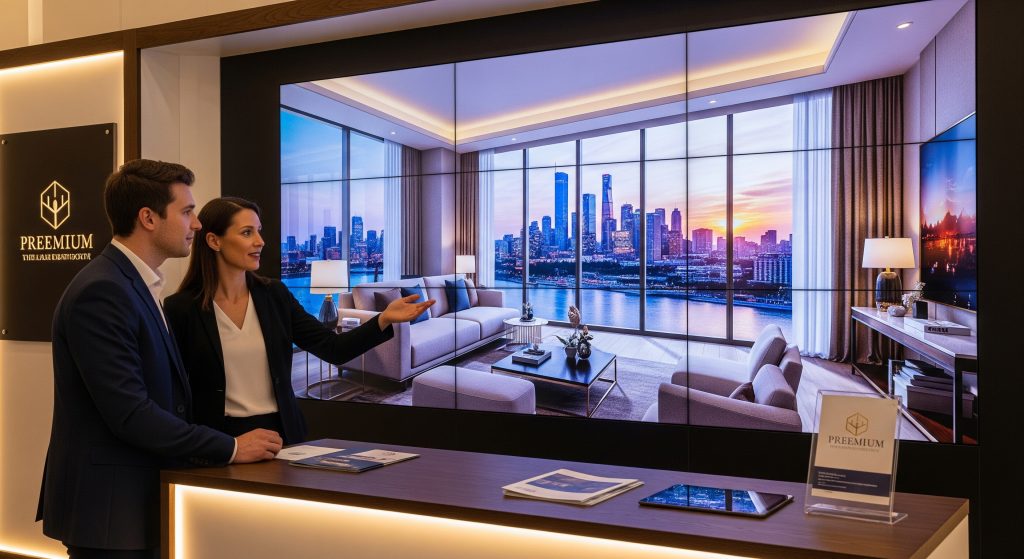 Corretor usando painel de LED em stand de vendas para apresentar tour virtual de apartamento.