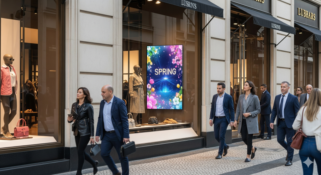 Painel de LED em vitrine de loja em São Paulo anunciando uma promoção de primavera.