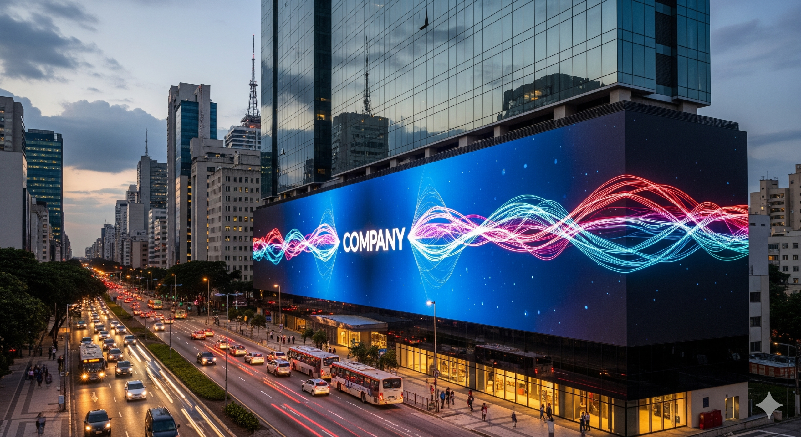 Fachada digital de prédio comercial em São Paulo com painel de LED vibrante na primavera.