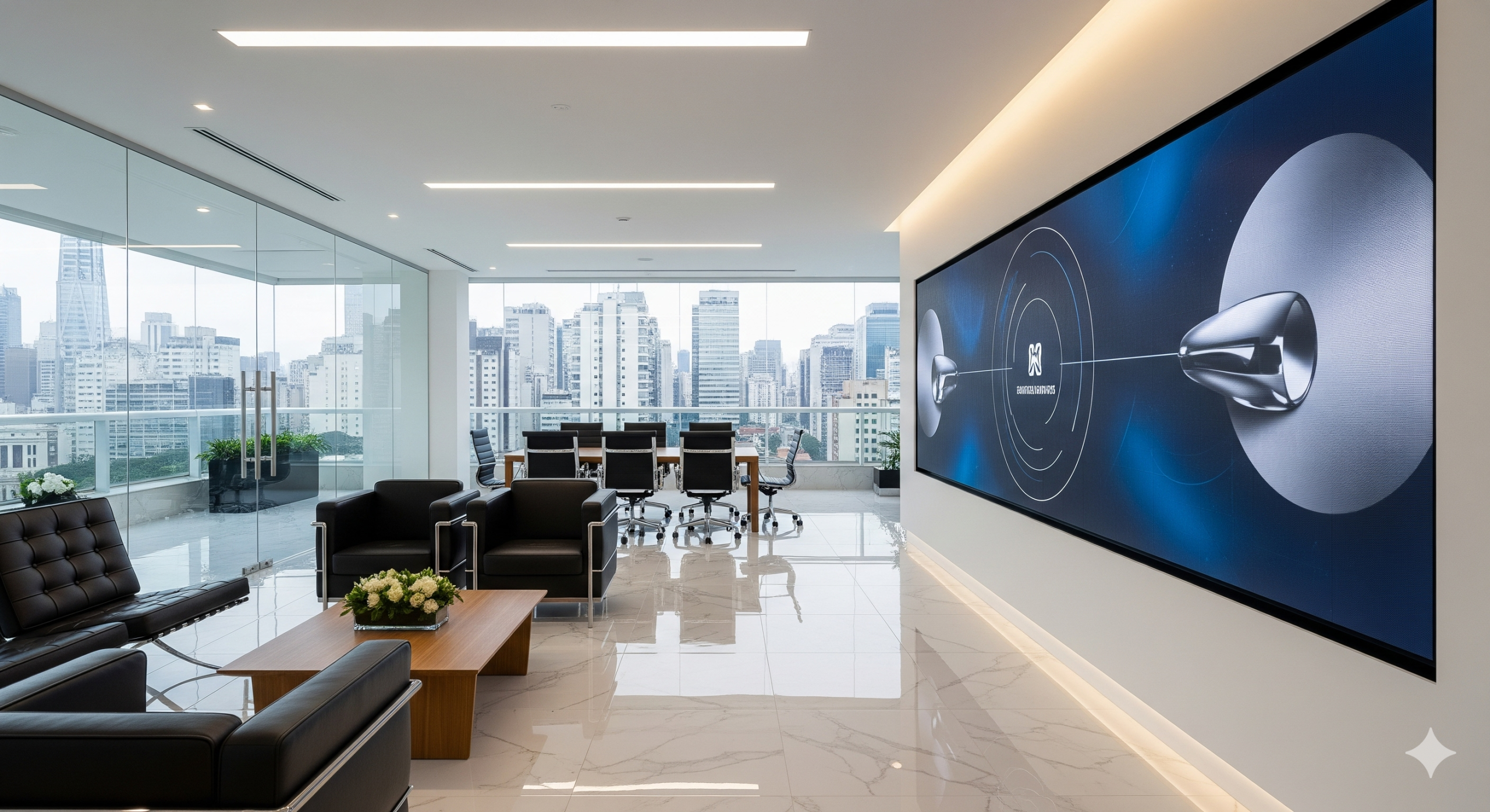 Painel de LED de alto impacto em sala de reunião ou recepção de empresa em São Paulo.