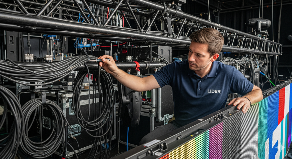 Equipe de suporte técnico da Lider instalando e testando um painel de LED em evento em São Paulo.