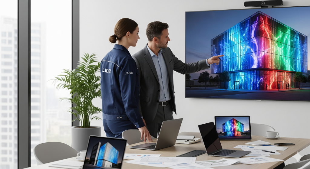 Consultoria especializada da Lider para projeto de painel de LED em fachada de empresa em São Paulo.